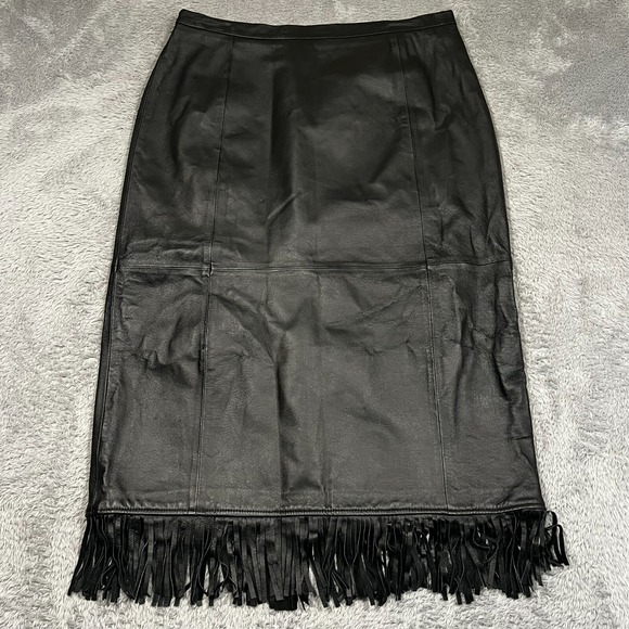 Pamela McCoy 100% Genuine Leather Midi‎ Skirt With Fringes Women's 1X Plus Size - Picture 1 of 14